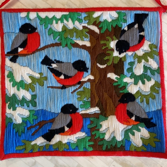 Vintage Scandinavian Hand Crafted Folk Fiber Art Birds on Tree Branches - Picture 2 of 4
